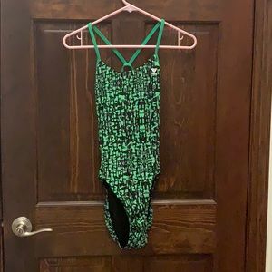 Green and black patterned one-piece swimsuit